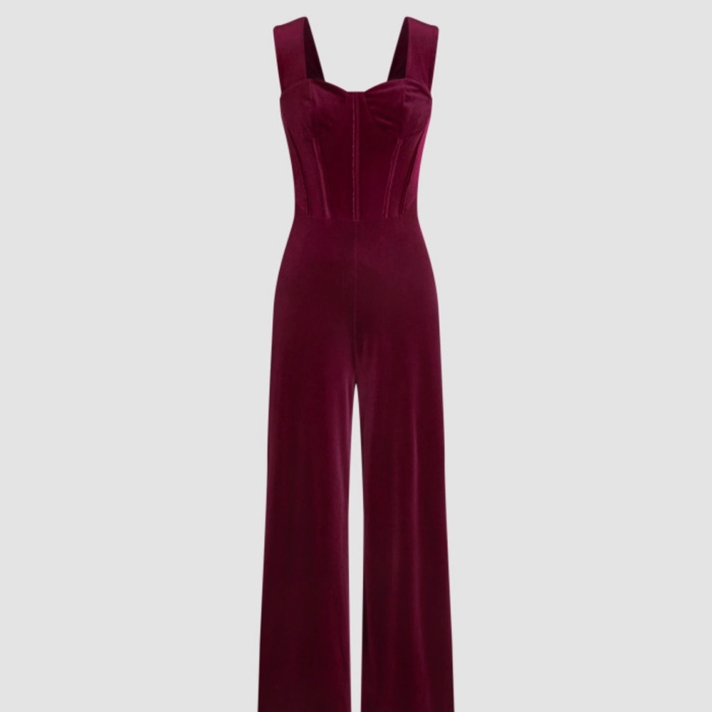 Velvet maroon red jumpsuit with flare leg.
